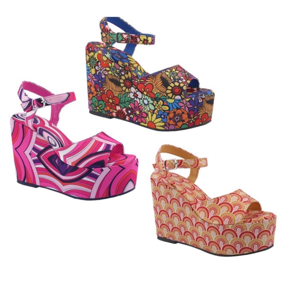 Key West Flower Power Multicolor Floral Ankle Strap Ultra Wedge Chunky Platforms - Picture 2 of 3